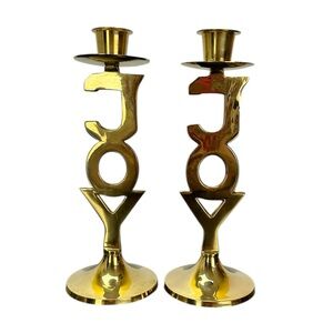 Vtg International Silver Co Solid Brass Joy Candlesticks 90's Christmas Everyday